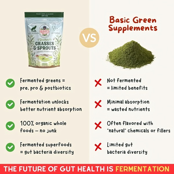 A split-screen comparison ad creative for a dog gut supplement, highlighting the specific advantages of fermented ingredients versus standard green powders.